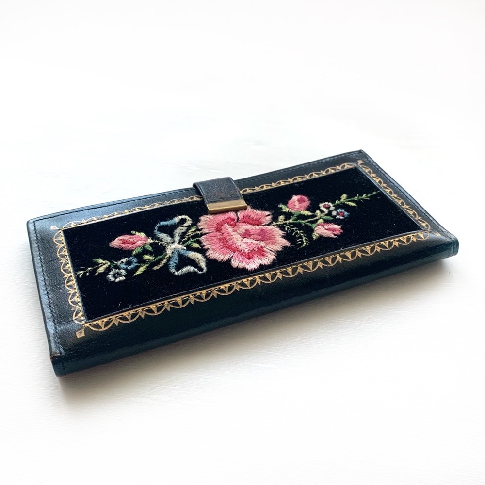 Vintage Black Leather Cowhide Wallet w/Velvet Insert and Floral Embroidery